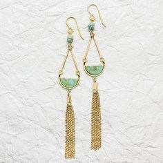 3 inches in dangle drop length.  10k Gold plate French hooks.  ...despite the length of these, they are INCREDIBLY lightweight!  Semicircles of turquoise moved on gold with fine, gold chain tassels.  Light and richly colored imperial jasper beads on gold pins connect French hooks to earring body. Turquoise Dangle Earrings In Brass, Turquoise Dangle Brass Earrings, Turquoise Drop Chandelier Earrings With Ear Wire, Turquoise Chandelier Drop Earrings, Turquoise Jewelry Gold, Turquoise Earrings Gold, Imperial Jasper, Gold Pin, Earrings Turquoise