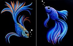 two paintings of blue and orange fish with bubbles in the water, one is goldfish