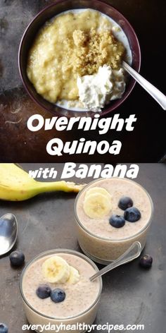 overnight oatmeal with bananas and blueberries in two bowls on a table