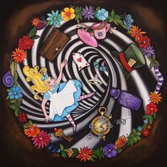 a painting of alice in wonderland surrounded by flowers and other things on a black background