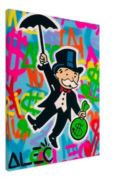 a painting of a man with an umbrella and money bag in front of colorful graffiti