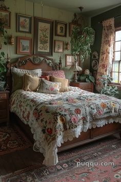 a large bed in a bedroom next to a window with pictures on the wall above it