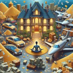 An AI-rendered image vividly portrays an individual in deep meditation amidst a scenic opulence – luxe mansion, elite cars, a private jet and heaps of gold and money- signifying the potent power of wealth manifestation. #WealthManifestation #PowerOfMind #Visualization #AIgeneratedImage #Affluence #Prosperity. Learn more: *[link]* Wealth Vision Board, Wealthy Lifestyle Luxury, Photoshop Design Ideas, Durga Images, Money Pictures