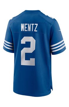 This Carson Wentz Alternate Game Jersey is designed for lasting, premium comfort. Crisp Indianapolis Colts and Carson Wentz graphics ensure your die-hard fandom is on full display. You'll feel like a member of your favorite team in this sweet Nike gear. Fit: Men's Nike Game Jerseys fit true to size. We recommend ordering one size larger than you normally wear for a looser fit or up two sizes if you plan on layering underneath the jersey. Material: 100% Polyester Tricot Designed for movement Side Nike Team Name Tops For Team Events, Nike Tops With Team Name For Team Events, Nike Tops For Football Season Sports Events, Nike Sports Fan Tops For Team Events, Nike Tops For Football Season, Nike Tops In Football Team Colors For Football Season, Nike Tops For Football Season In Team Colors, Nike Moisture-wicking Tops For Football Season, Nike Varsity Tops For Game Day