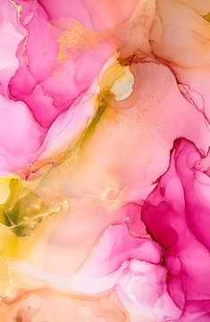 an abstract painting with pink, yellow and green colors on it's surface that looks like fluid paint