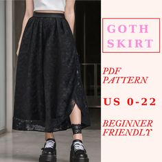 This is an easy gothic skirt pdf sewing pattern. You can use this pattern to make halloween costumes or everyday skirts. All you need is be creative and play with colors and fabrics. This midi skirt sewing pattern is beginner-friendly. It includes detailed sewing instructions to ensure that everyone can easily follow along. This easy sewing pattern is available in 12 sizes, from US 0 to US 22. You can print the pattern at home using A4 or US Letter paper, or at a copy shop using the A0 format. T Witch Skirt Pattern, Beginner Skirt Sewing Pattern, Goth Sewing Projects, Goth Sewing Patterns, Midi Skirt Sewing Pattern, Witchy Pattern, Diy Goth Clothes, Halloween Sewing Patterns, Halloween Costume Patterns