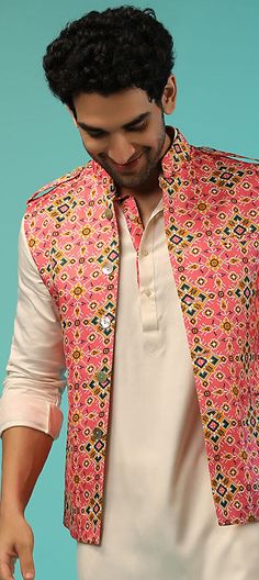 Pink and Majenta color Nehru Jacket in Satin Silk fabric with Printed work : 1816687 Luxury Silk Nehru Jacket For Reception, Luxury Brocade Nehru Jacket For Designer Wear, Luxury Silk Nehru Jacket With Traditional Drape, Luxury Raw Silk Nehru Jacket For Reception, Luxury Brocade Nehru Jacket, Luxury Multicolor Nehru Jacket With Long Sleeves, Luxury Festive Nehru Jacket With Printed Motifs, Luxury Art Silk Nehru Jacket, Luxury Art Silk Nehru Jacket For Festive Occasions