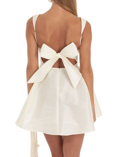 Women Summer Backless Big Bow Straps A-line Dress Sweet Solid Color Sleeveless Square Neck Short Grad Dresses, Sling Dress, Flare Mini Dress, Satin Mini Dress, Hoco Dresses, Lace Mini Dress, Club Dresses, Glamorous Evening Gowns, Spaghetti Strap Dresses