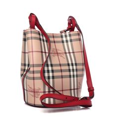 LORNE RED LEATHER HAYMAKET NOVA CHECK CROSSBODY BUCKET SMALL BAG By BURBERRY   100% AUTHENTIC, GUARANTEED!!! MADE IN ITALY!!! A: LL SM LORNE HYH Order: 4500596926 Article: 4057157 1 Color: Poppy Red (Print On the Tag) Haymarket Check Coated Canvas and Leather Upper Adjustable Buckle Cross body Strap  Magnetic Snap-Flap Closure At Top Red tone Leather Lining Gold Tone Hardware APPROX. MEASURES: 9" HEIGHT x 7" WIDTH x 6" DEPTH 22-24" Drop Original Price: $850 (Print On The Tag) NOTE!!!!! International Buyers: Import duties, taxes and charges are NOT included in the item price or shipping cost. These charges are the buyer's responsibility. Please check with your country's customs office to determine what these additional costs may be prior to buying.   ak332255 Luxury Red Bucket Bag With Adjustable Strap, Burberry Barrel Bag, Burberry Handbags Crossbody, Red Burberry Purse, Burberry Shoulder Bag Mytheresa.com, Leather Interior, Burberry Bag, Casual Backpack, Red Poppies