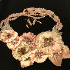 This Is An Exquisite Custom Made Necklace And Matching Earrings By A Designer (Ribbon And Beadworks). She Uses Vintage Beads And Ribbon For Her Beautiful Creations. Her Detail Work Is Gorgeous And Hand Done. I Had Her Design This Custom For Me Back In 2018. It Sits Softly On The Skin With Her Pretty Felt Backing. In Excellent Condition And Comes Lovely Gift Wrapped. Elegant Embellished Beaded Necklaces For Party, Bohemian Evening Jewelry With Beads, Elegant Embellished Beaded Necklace For Party, Luxury Handmade Beaded Necklaces For Formal Occasions, Luxury Beaded Necklaces For Party, Elegant Handmade Beaded Necklaces For Celebration, Party Jewelry With Bead Caps, Elegant Pink Beaded Necklace With Gemstone Beads, Gold Embellished Jewelry For Formal Occasions