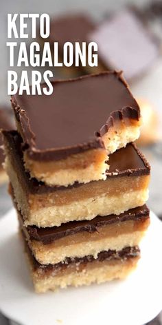 chocolate and caramel keto tagalong bars stacked on top of each other