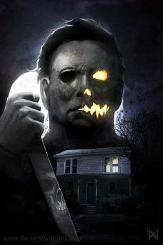 a scary looking house with the face of a man holding a knife in front of it