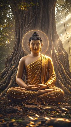 a buddha statue sitting in front of a tree with sunlight streaming through the leaves on it