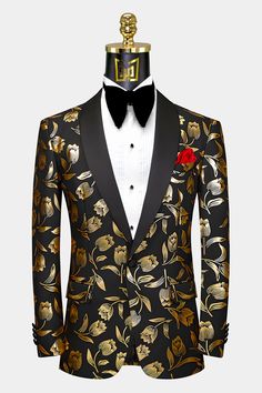 The Gentleman's Guru Fancy Black and Silver Suit is an epitome of elegance and class. Its slim fit cut, combined with the custom size option, offers a bespoke fit that is unmatched in the market. The floral pattern in silver and 14k gold on a classic black background adds a touch of sophistication to the suit, making it a must-have for any discerning gentleman. The jacket boasts a single-breasted closure and a peak collar, while the vest is double-breasted and adorned with signature crimson stit Black And Silver Suit, Black And Gold Tuxedo, Gold Tuxedo Jacket, Prom 2k24, Denim Pocket Details, Silver Suit, Gold Tuxedo, Tuxedo Prom, Casino Wedding