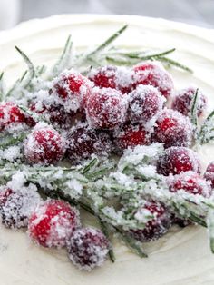 cranberries and rosemary sprigs covered in powdered sugar on top of a cake