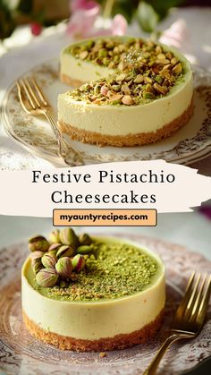 two different cheesecakes with pistachio toppings on top