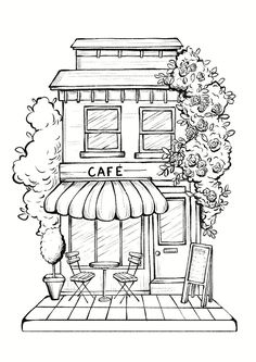 a black and white drawing of a cafe