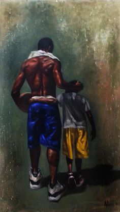 an oil painting of two men standing in front of a wall with their back to the camera