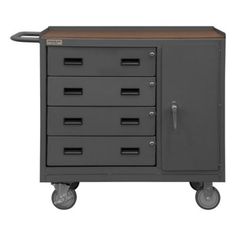 a gray cabinet with drawers and wheels