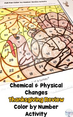 a coloring page with the words, chemical and physical changes thanksgiving review color by number activity