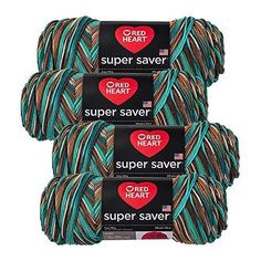 three balls of red heart super saver yarn in teal, brown and blue