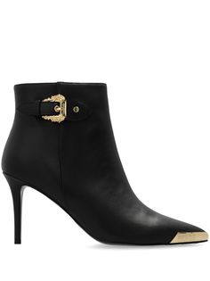 black ankle-length decorative buckle detail side zip fastening metal toecap pointed toe high stiletto heel gold-tone hardware Classy Shoes, Ankle Boots Black, Versace Jeans Couture, Summer Beach Wear, Versace Jeans, Ballet Flat Shoes, Pump Sandals, Black Ankle Boots, Boots Black