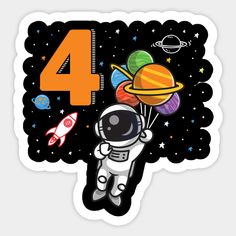 an astronaut floating in space with the number 4 on it's back and balloons attached to