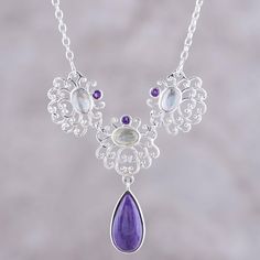 Shubhra Singh designs a feast for the eyes with this stunning pendant necklace. Sterling silver openwork surrounds dazzling charoite and labradorite gemstones. A focal amethyst teardrop dances beneath. Multi Necklace, Sterling Pendant, Amethyst Color, Gemstone Necklace Pendant, Necklace Sterling Silver, Accessories Bracelets, Gemstone Pendant, Labradorite, Women's Accessories