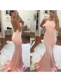 Mermaid Satin Halter Sleeveless Sweep/Brush Train With Ruffles Dresses - Prom Dresses Backless Gowns, Evening Dress Long, Glamorous Party, Pink Mermaid, Pink Formal Dresses, Prom Dresses Sleeveless, Pink Prom, Backless Prom Dresses, Pink Prom Dresses