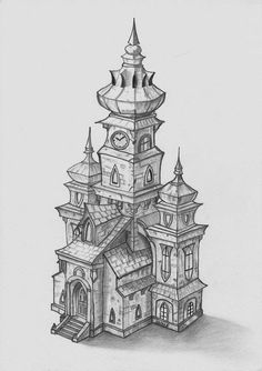 a drawing of a building with a clock on it's tower and steeple