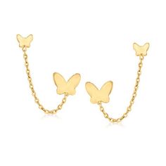 Ross-Simons - 14kt Yellow Gold Double-Piercing Butterfly Chain Earrings. This playful pair is for two ear piercings! Crafted in polished 14kt yellow gold, the larger butterfly sits on a bottom piercing, while the smaller butterfly sits on a second, higher piercing with a slinky swagged cable chain dangling below. So easy to wear, this unique pair will receive many a compliment. Post/clutch, 14kt yellow gold double-piercing butterfly earrings. Two Ear Piercings, Butterfly Legs, Butterfly Chain, Butterfly Anklet, Double Piercing, Butterfly Necklace Gold, Leg Chain, Largest Butterfly, Purple Agate