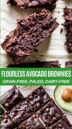 brownies with chocolate chips and avocado on top are shown in this collage