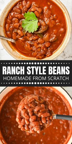 a spoon full of beans in a bowl with the text ranch style beans homemade from scratch