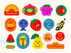 various stickers with different types of fruit and vegetables on them, all in bright colors