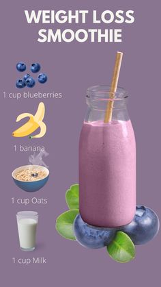 blueberry smoothie in a mason jar with ingredients to make it into a smoothie