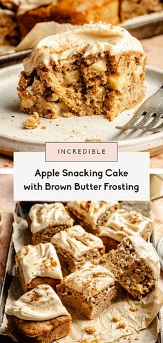 an apple snack cake with brown butter frosting is shown on a plate and in the foreground