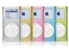 four different colored ipods lined up next to each other in front of white background