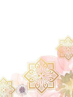 an abstract floral background with pink flowers and gold geometric designs on white paper, in the middle