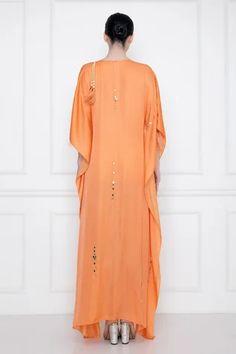 Shop for Dilnaz Karbhary Orange Cotton Satin Mirror Embellished Kaftan for Women Online at Aza Fashions Satin Kaftan, Pearl Mirror, V Neck Kaftan, Kaftan For Women, Orange Mirror, Draped Sleeves, Satin Hands, Golden Pearl, Drape Sleeves