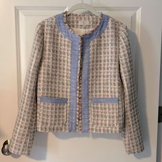 Cropped Tweed Blazer In Cream, Pink, Tan And Black With Blue Detail At Opening And Pockets. Pockets Are Functional. Worn Once, Like Brand New. Purchased At Loft Outlet Medium Petite 19.5” Across Bust Laying Flat 20.5” Length Spring Plaid Tweed Jacket With Pockets, Spring Plaid Tweed Jacket, Spring Plaid Tweed Outerwear, Casual Blue Tweed Jacket For Spring, Blue Long Sleeve Tweed Jacket For Spring, Blue Long Sleeve Spring Tweed Jacket, Blue Tweed Outerwear For Spring, Blue Tweed Jacket For Spring, Cropped Tweed Blazer