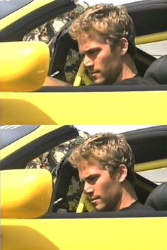 two pictures of a man in a yellow sports car looking out the window and holding a banana in his mouth