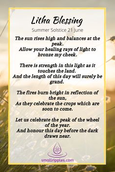 a poem written in the grass with an image of sun shining behind it and text that reads, little blessing summer solstic 2 june