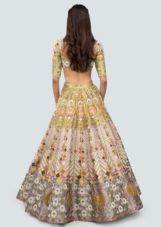 Multicolored olive embellished heavy kali tissue lehenga with broad lehenga border, blouse and net dupatta with border. Anarkali Style Embellished Pista Green Lehenga, Pista Green Embellished Semi-stitched Lehenga, Embellished Floor-length Pista Green Lehenga, Embellished Pista Green Choli For Festivals, Net Dupatta, Lehenga