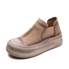 Gender: Women Type: Casual Shoes Main Materials: Cowhide Insole: Pigskin Sole: Rubber Type of Closure: Slip-on Style: Daily, Casual, Retro Season: Spring, Autumn Heel Height: Medium (4.5 cm) Casual Slip-on Platform Leather Shoes, Beige Sneakers With Leather Sole, Beige Leather Sole Sneakers With Closed Toe, Beige Leather Shoes With Stitched Sole And Round Toe, Beige Closed Toe Sneakers With Leather Sole, Beige Round Toe Leather Shoes With Stitched Sole, Beige Low-top Leather Shoes With Textured Sole, Beige Closed Toe Leather Sneakers, Beige Leather Shoes With Textured Sole