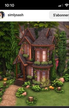 an animated house in the middle of some trees and bushes with plants growing on it