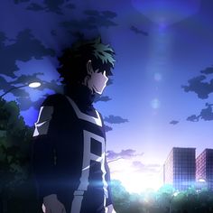 an anime character standing in front of a cityscape with the sky and clouds behind him