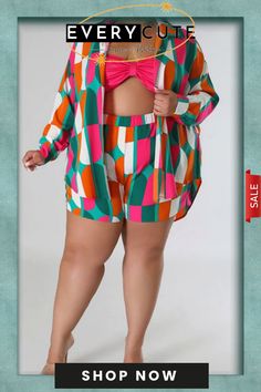 Green Casual Print Patchwork Shirt Collar Plus Size Two Pieces Pink Patchwork Long Sleeve Sets, Pink Long Sleeve Patchwork Sets, Multicolor Long Sleeve Sets With Patchwork, Summer Long Sleeve Patchwork Sets, Red Two Piece, Patchwork Shirt, Plus Size Two Piece, Knit Denim, Tie Dye Dress