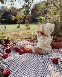 a baby doll sitting on a picnic blanket with apples in the grass behind her and an apple basket next to it