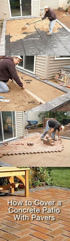 two pictures showing how to build a backyard patio with paverss and wood flooring