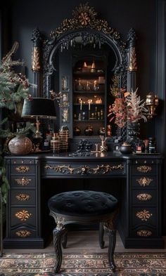 an ornate desk with a mirror and christmas decorations